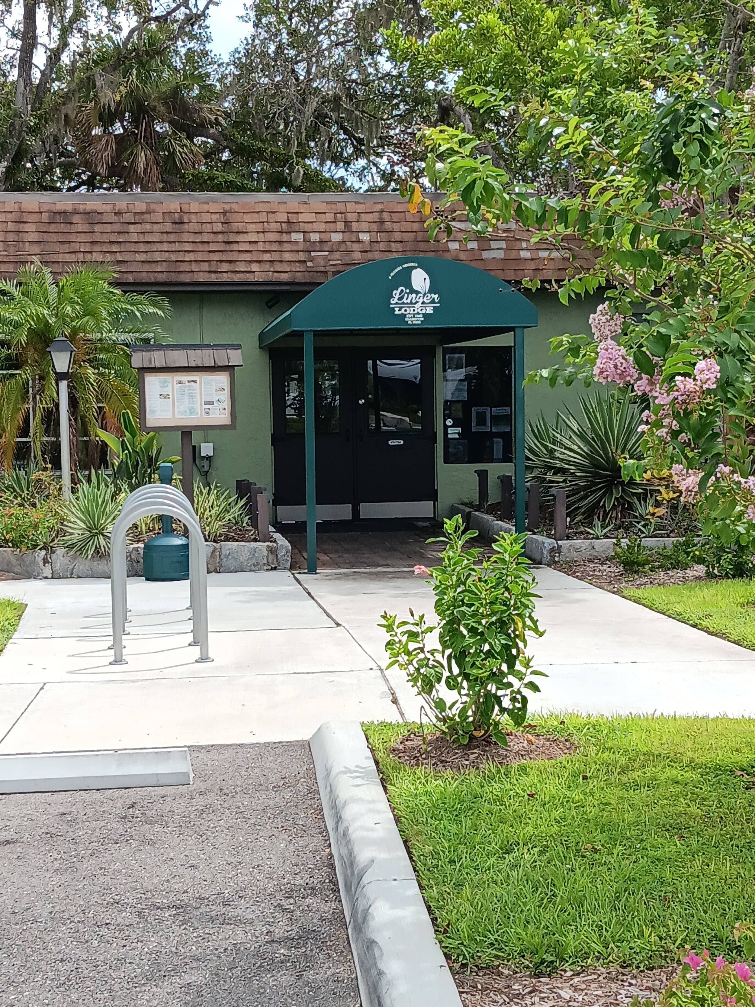 The entrance to Linger Lodge, under the Est. 1945 awning